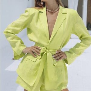 Elevate Your Wardrobe with Chic Le Frique's Lime Green Linen Blazer & Shorts Set